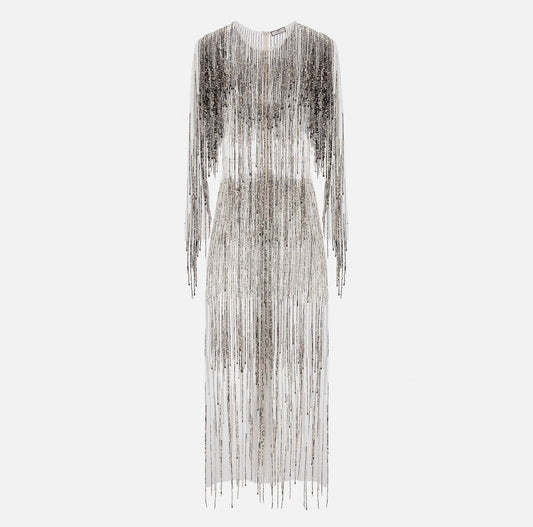 Red carpet dress with two-tone fringes