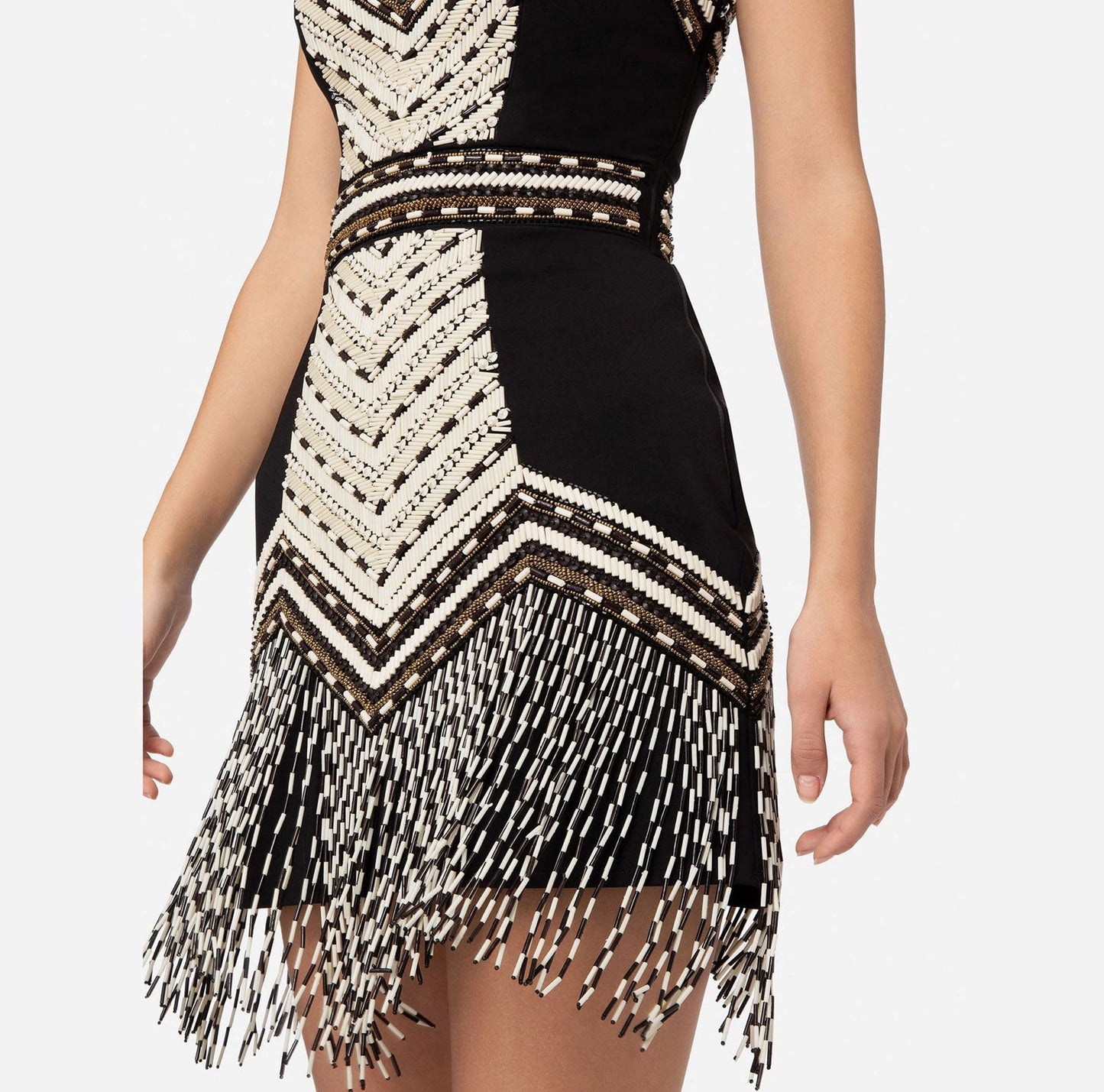 Mini dress with ethnic embroidery and two-tone fringe
