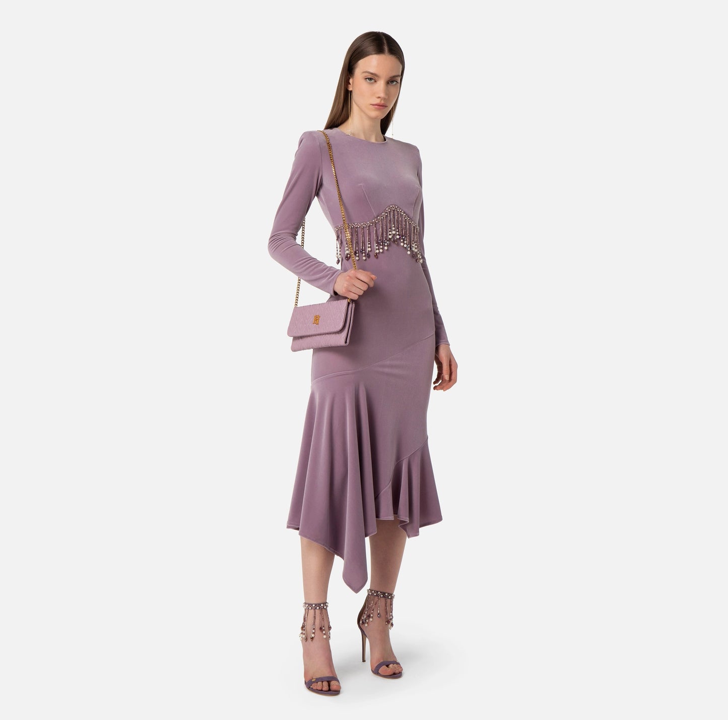 Velvet midi dress with beads