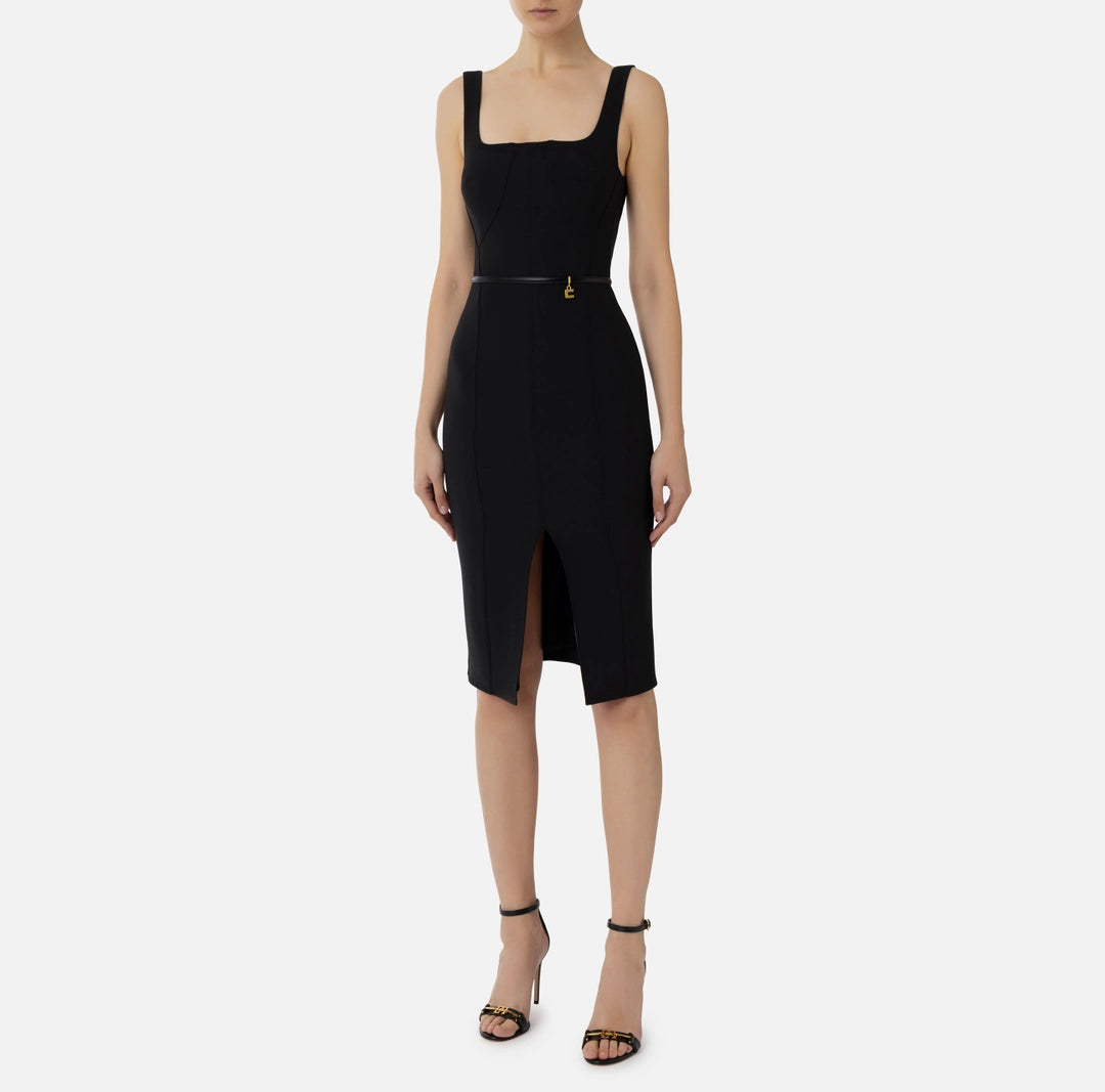 Sheath dress in stretch crêpe fabric with belt