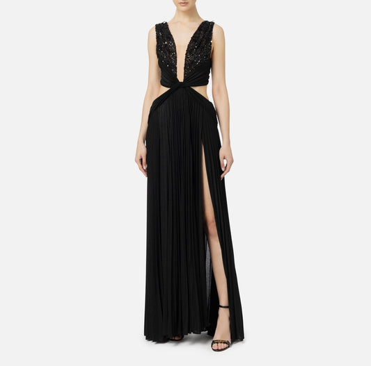 Pleated red carpet dress in lurex jersey with embroidery
