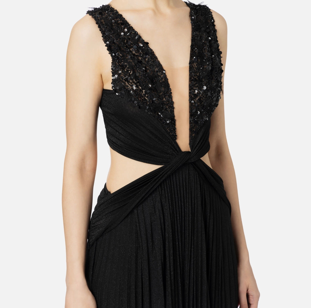 Pleated red carpet dress in lurex jersey with embroidery