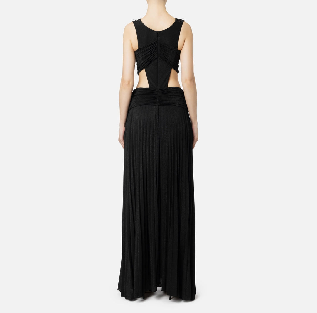 Pleated red carpet dress in lurex jersey with embroidery