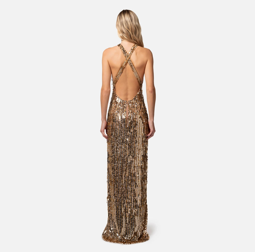 Red carpet dress with fringes made of beads and sequins