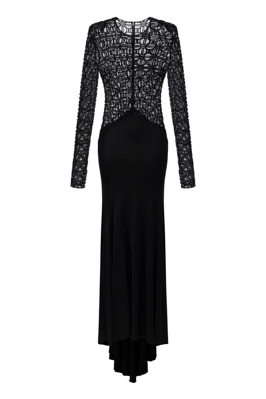 Red carpet dress in embroidered flock tulle fabric