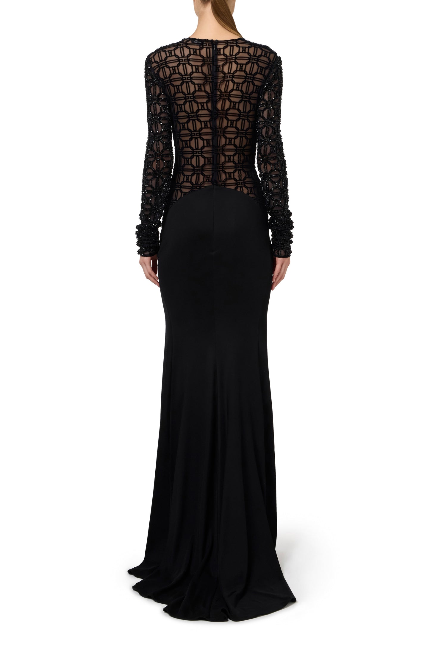 Red carpet dress in embroidered flock tulle fabric