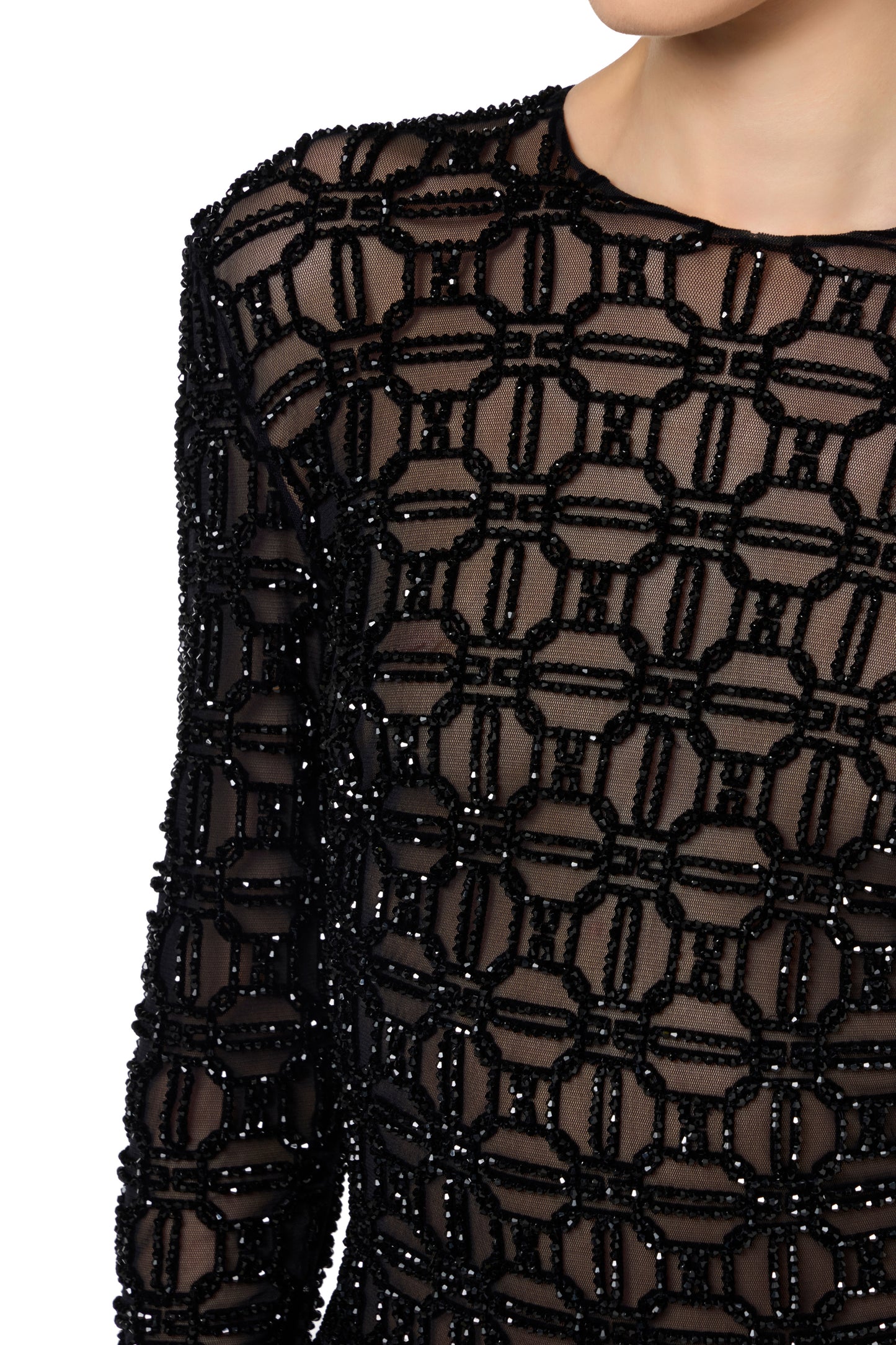 Red carpet dress in embroidered flock tulle fabric