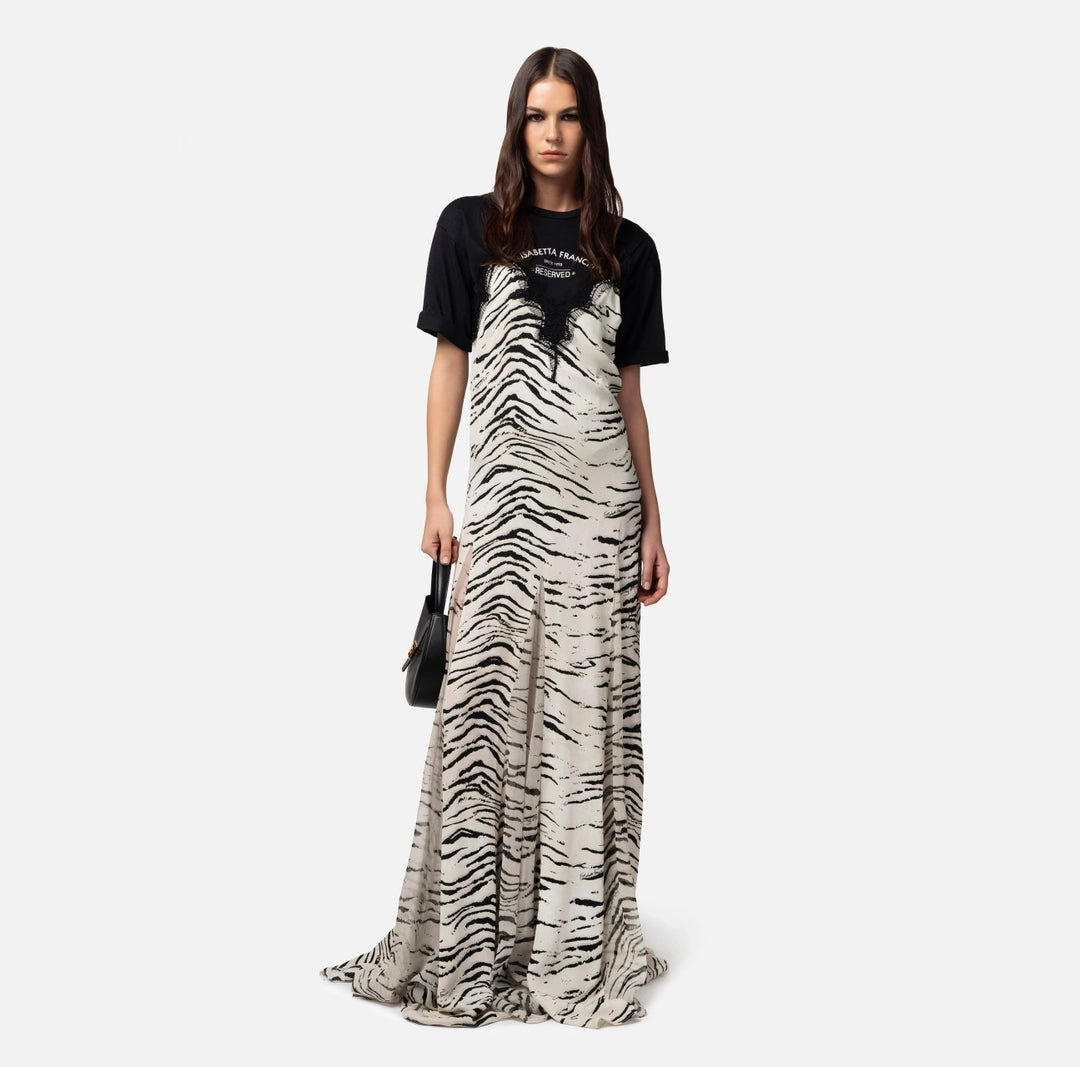 Long dress in viscose georgette fabric with animal print