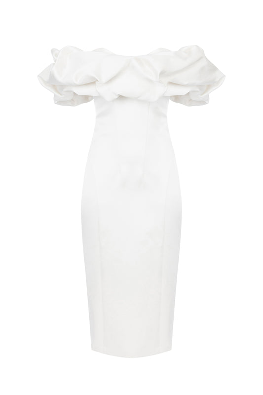 Dress in duchess satin with 3D neckline