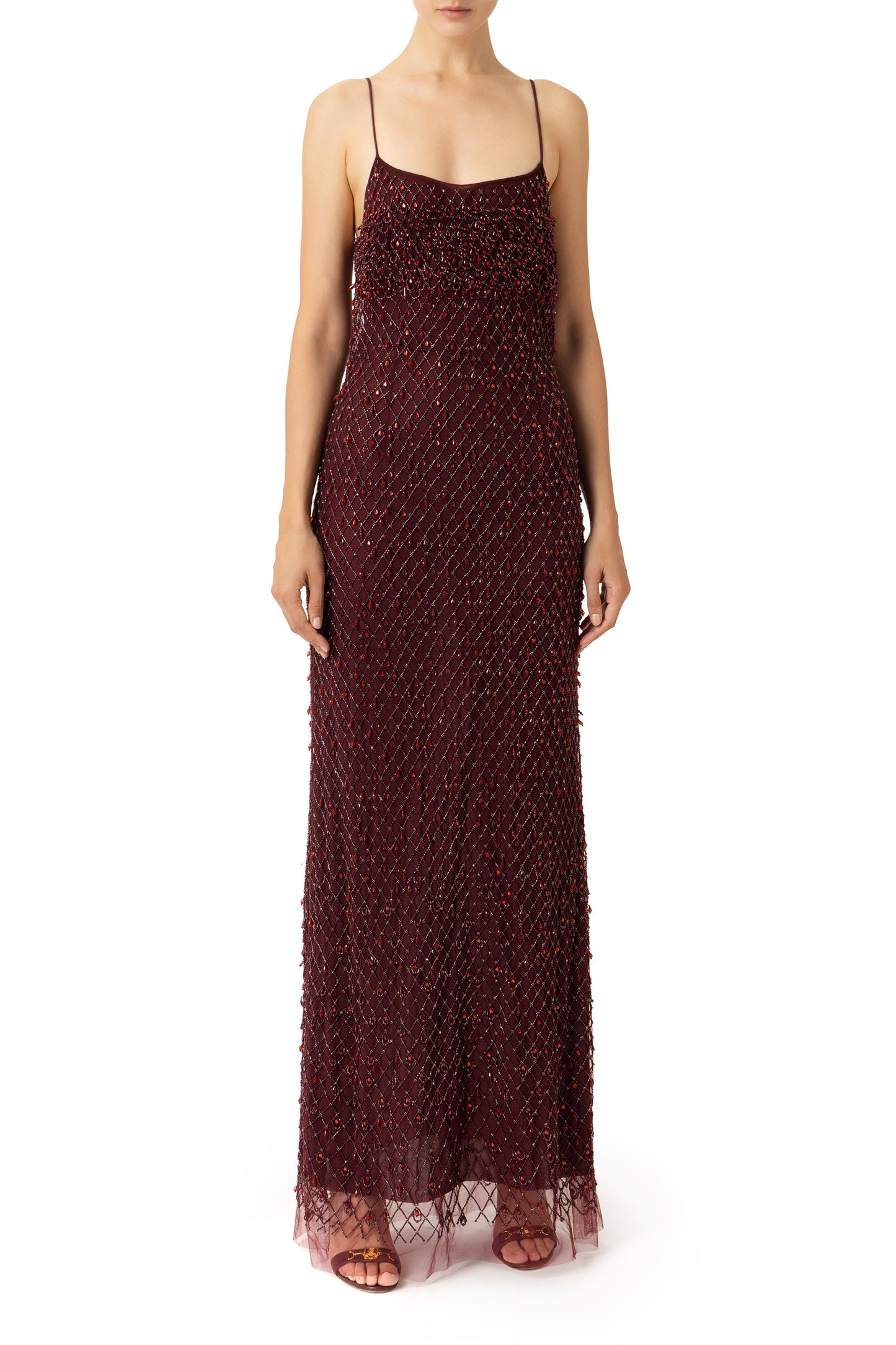 Tulle red carpet dress embroidered with diamond pattern sequins