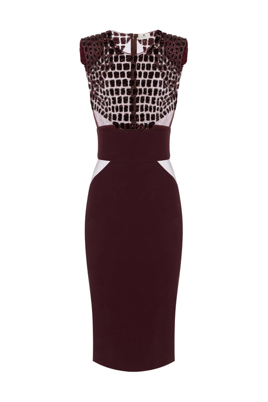 Dress in lightweight crêpe and tulle fabrics with crocodile-effect embroideries