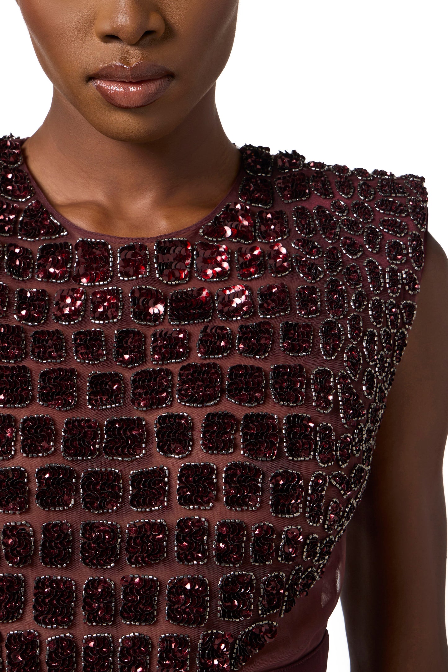 Dress in lightweight crêpe and tulle fabrics with crocodile-effect embroideries