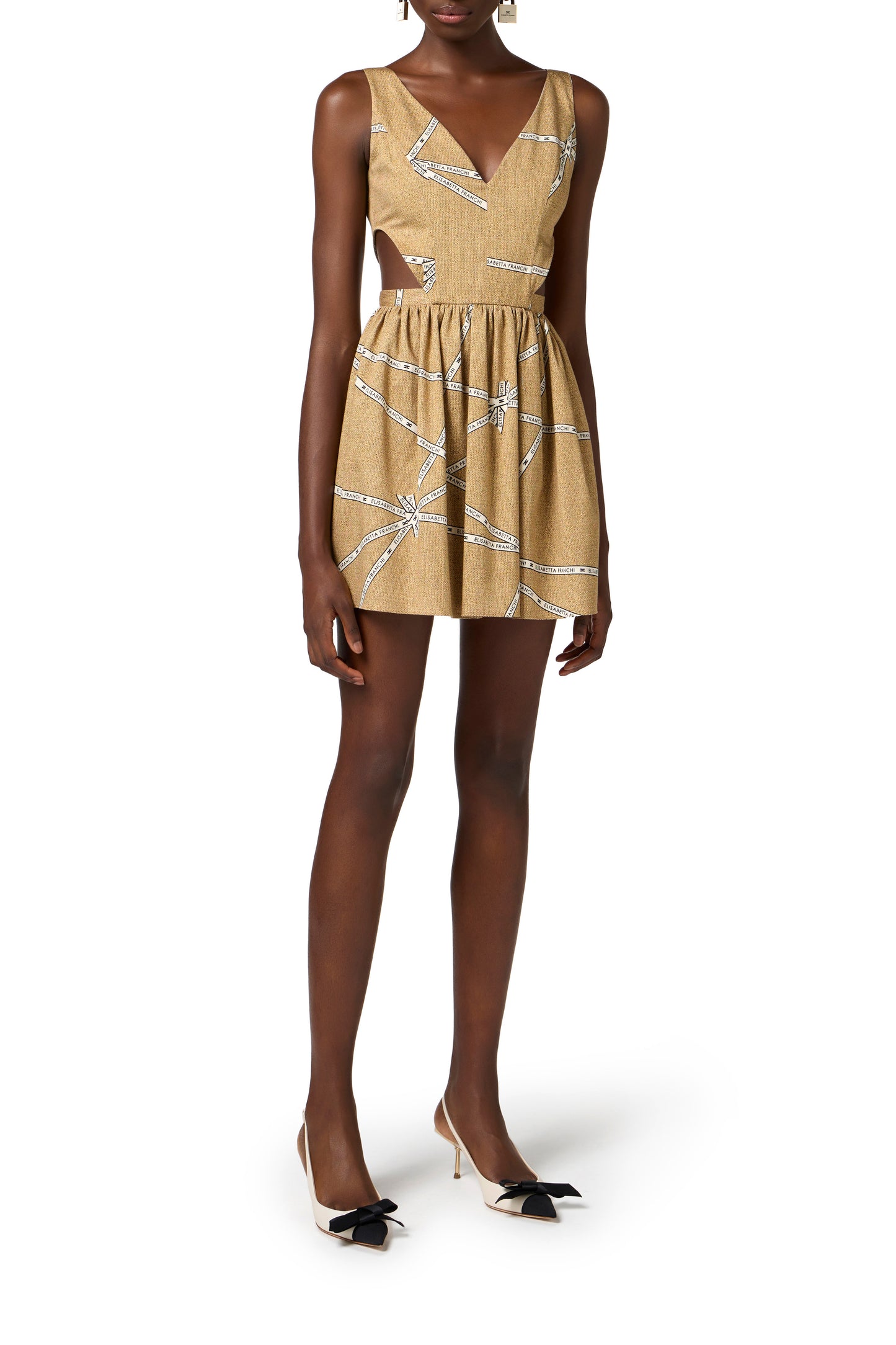 Cotton dress with raffia print and ribbon