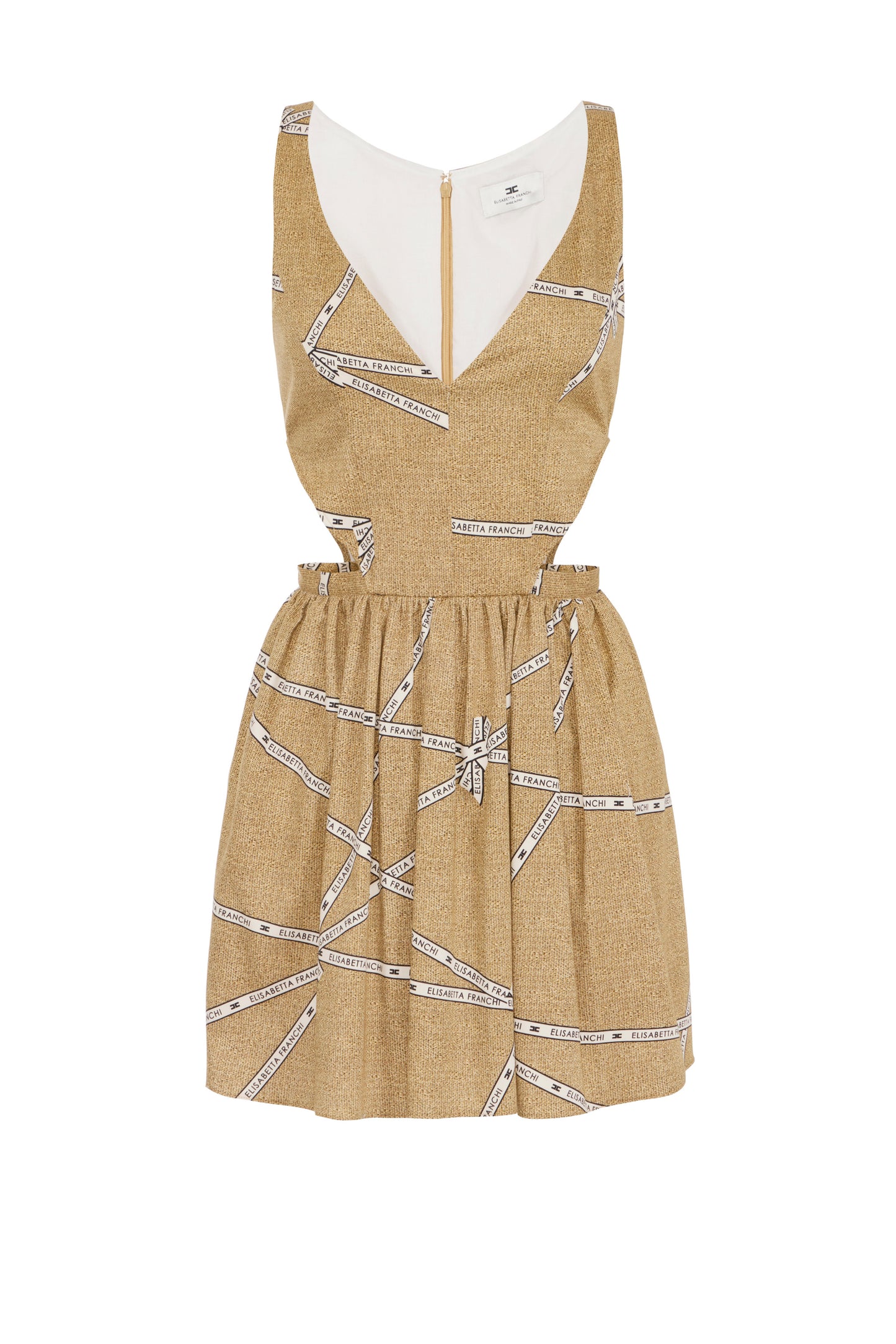 Cotton dress with raffia print and ribbon