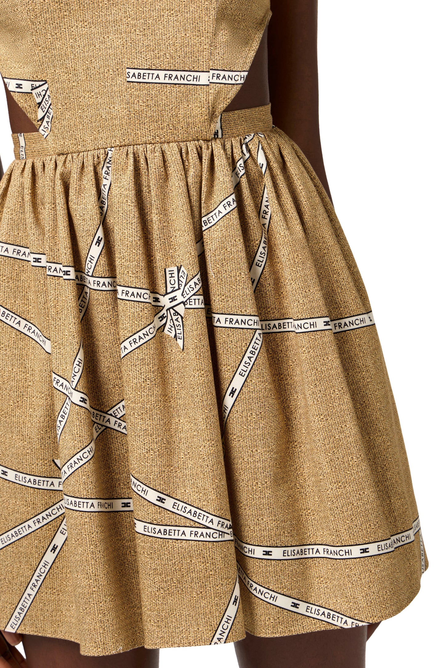 Cotton dress with raffia print and ribbon