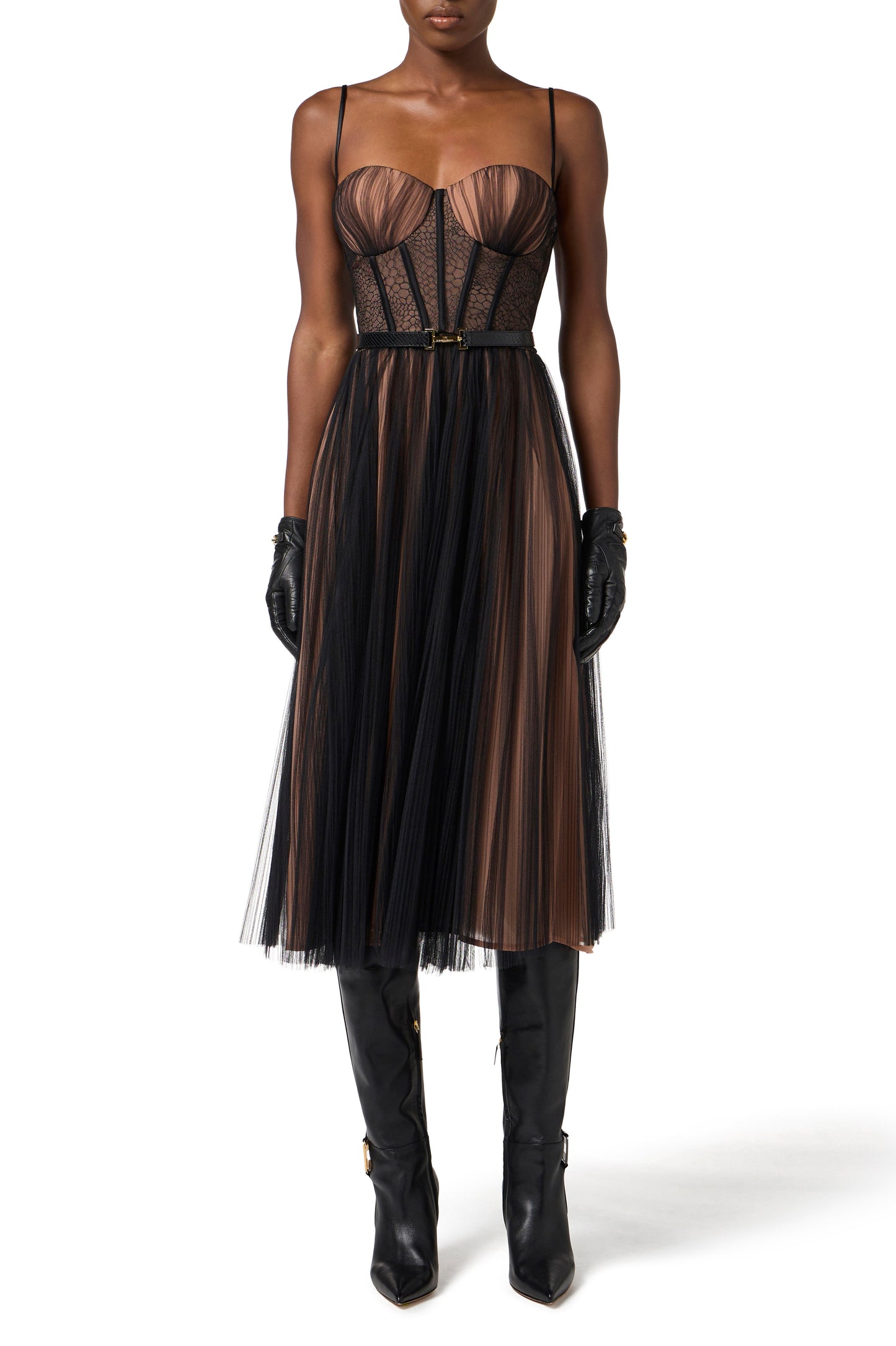 Bustier dress in tulle fabric with belt