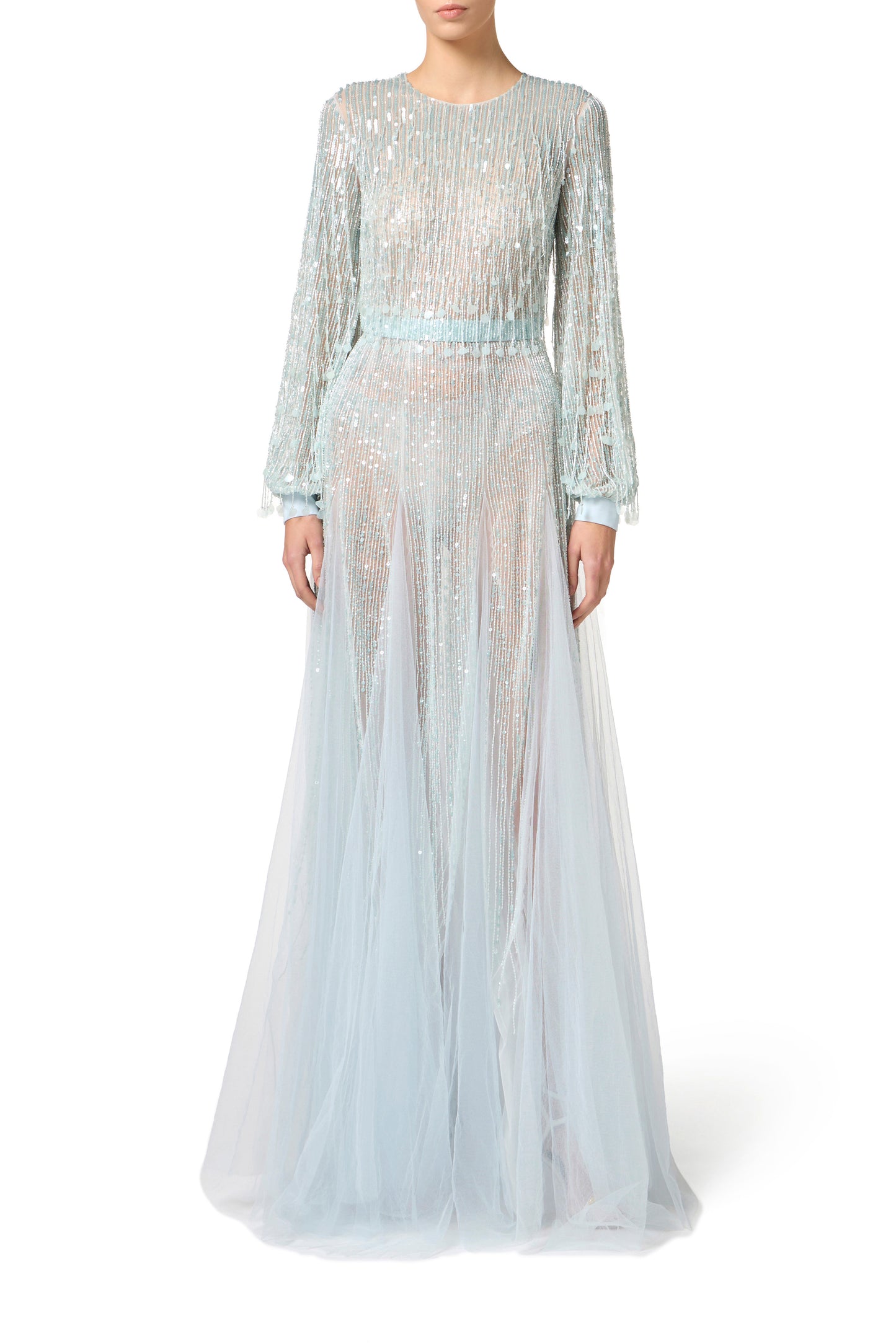 Red Carpet dress in georgette fabric with sequins fringes