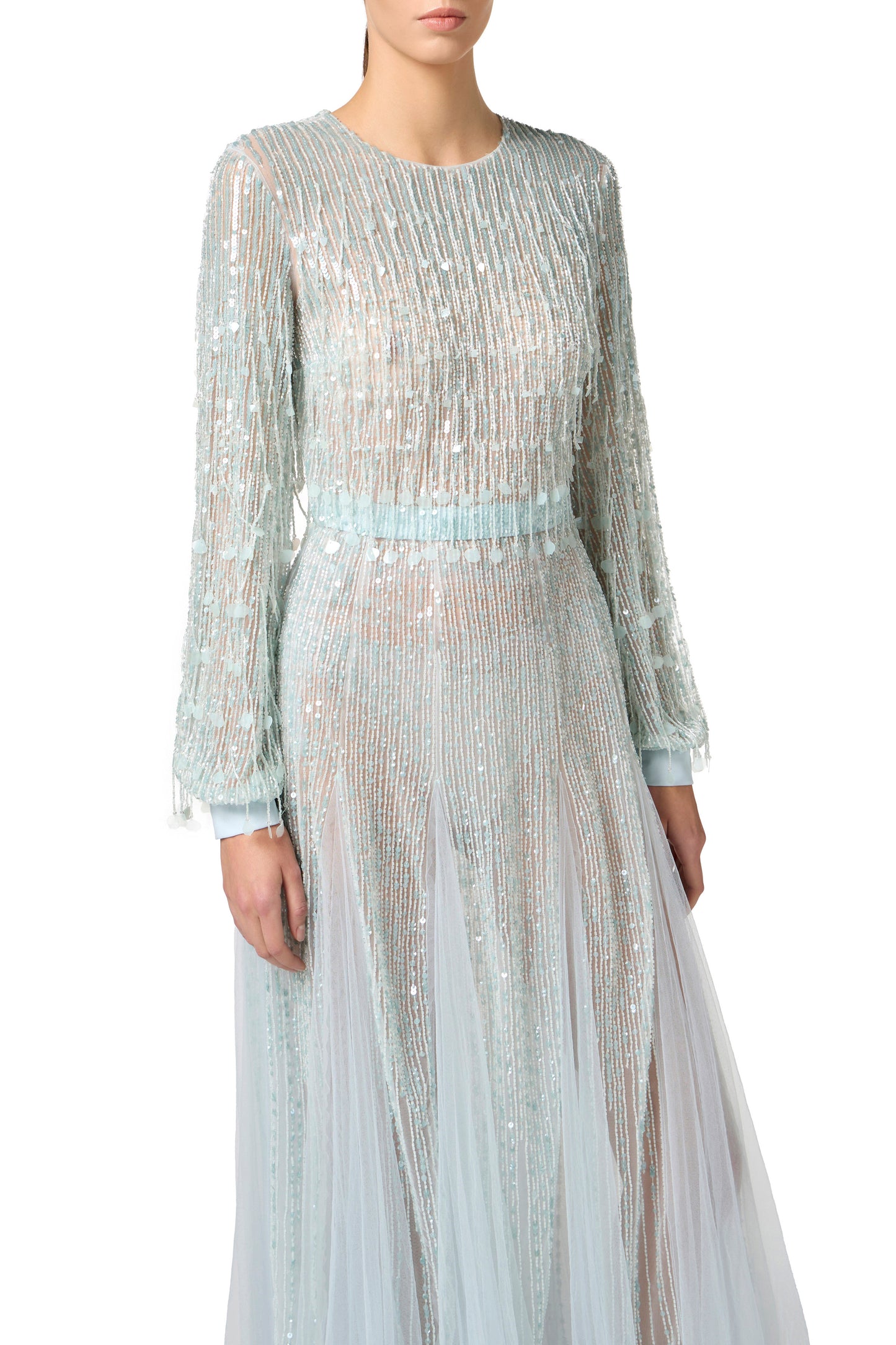 Red Carpet dress in georgette fabric with sequins fringes