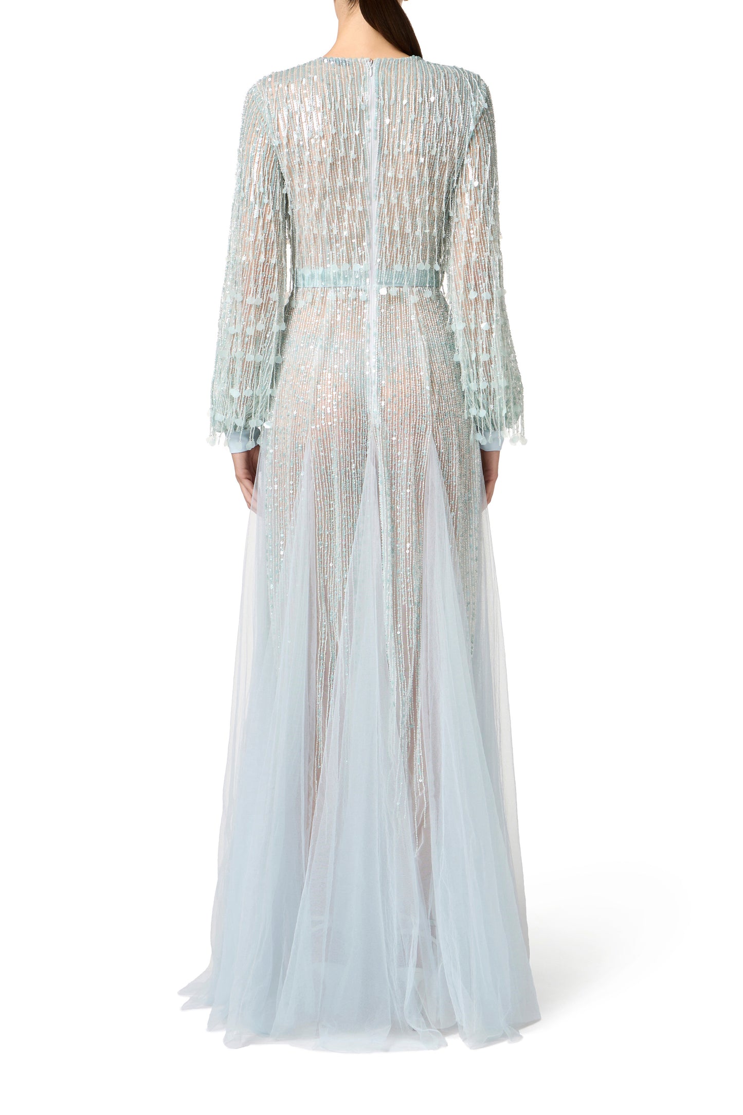 Red Carpet dress in georgette fabric with sequins fringes