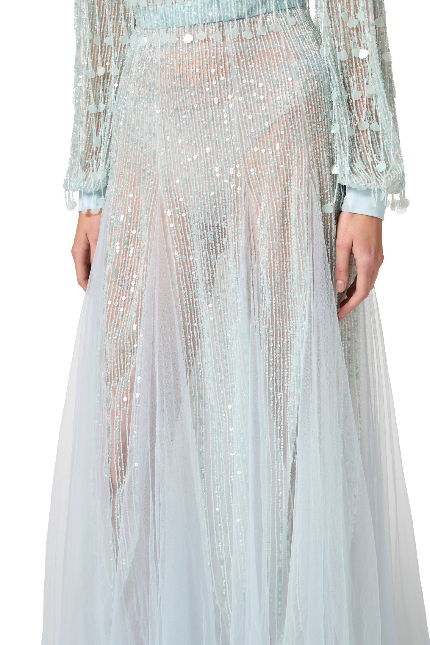 Red Carpet dress in georgette fabric with sequins fringes