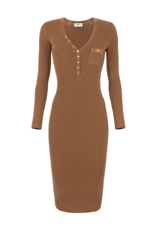 Dress in ribbed knit fabric with breast pocket