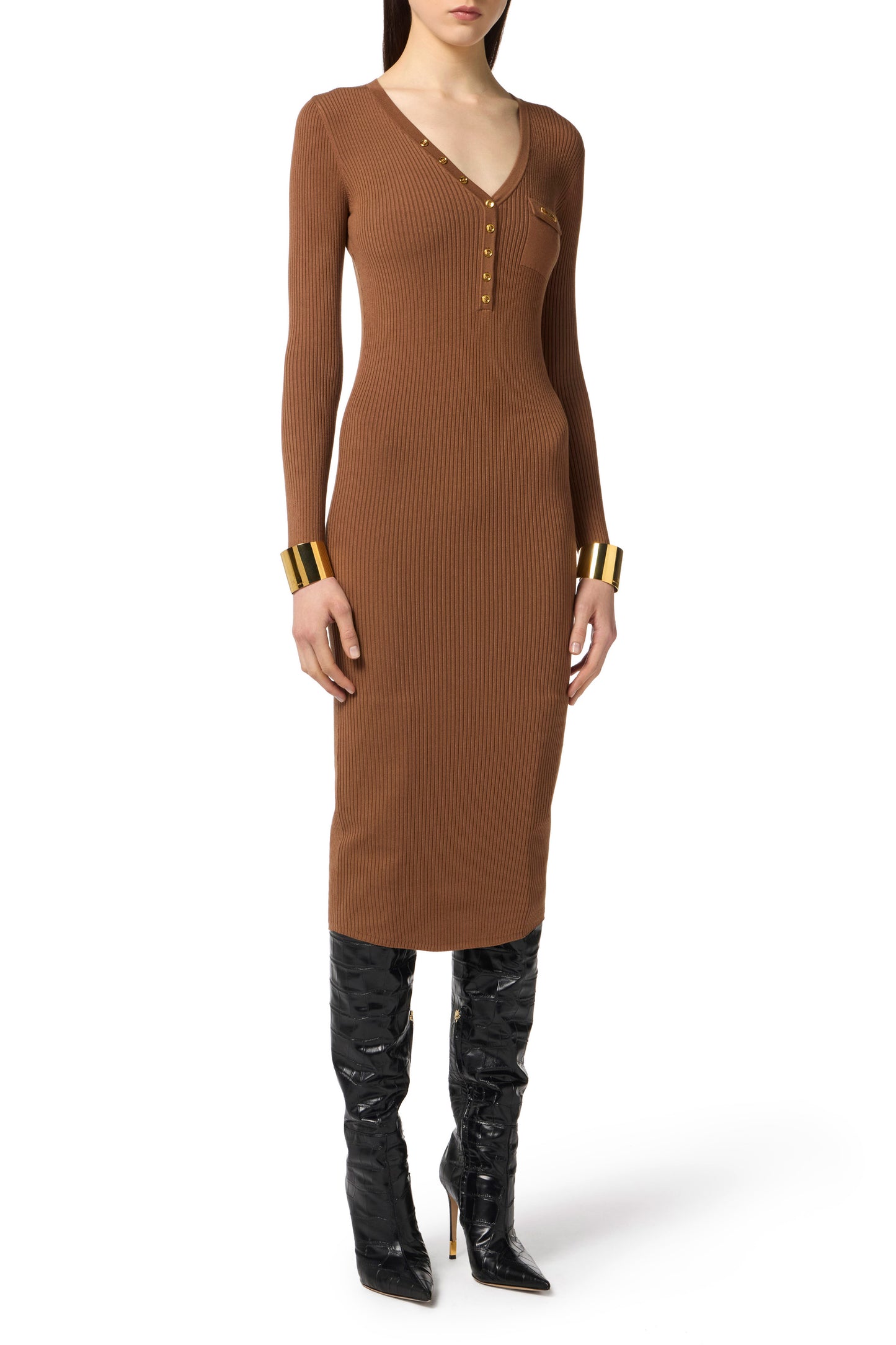 Dress in ribbed knit fabric with breast pocket