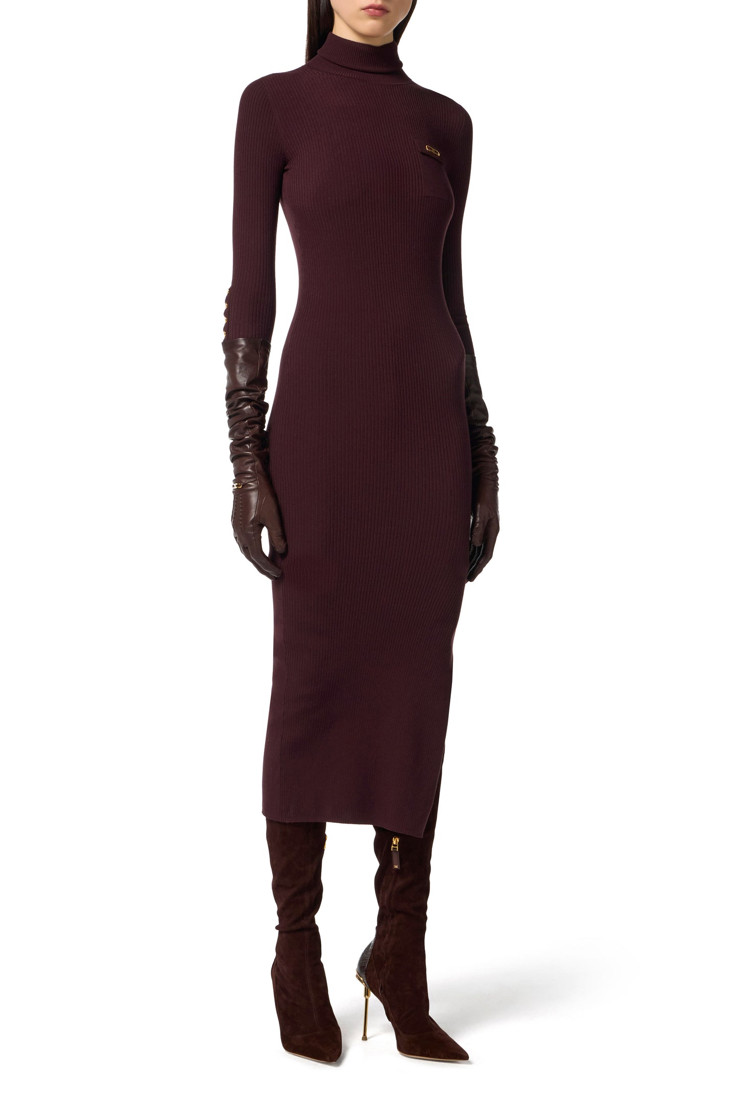 Dress in ribbed knit fabric with breast pocket