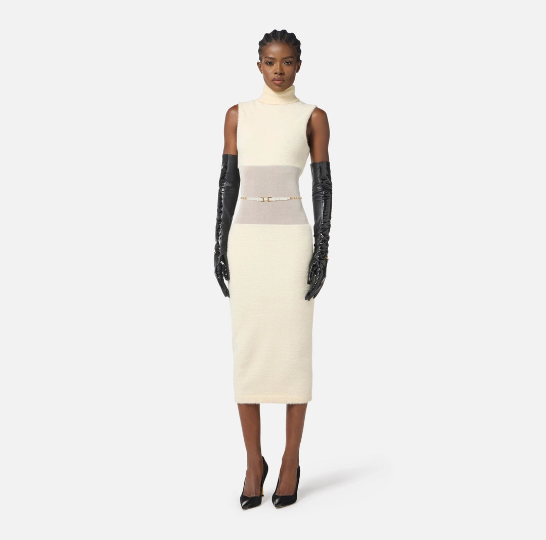 Knit fabric dress with belt