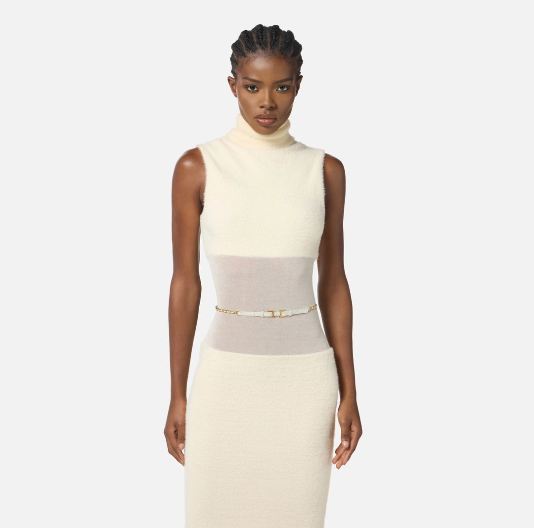 Knit fabric dress with belt