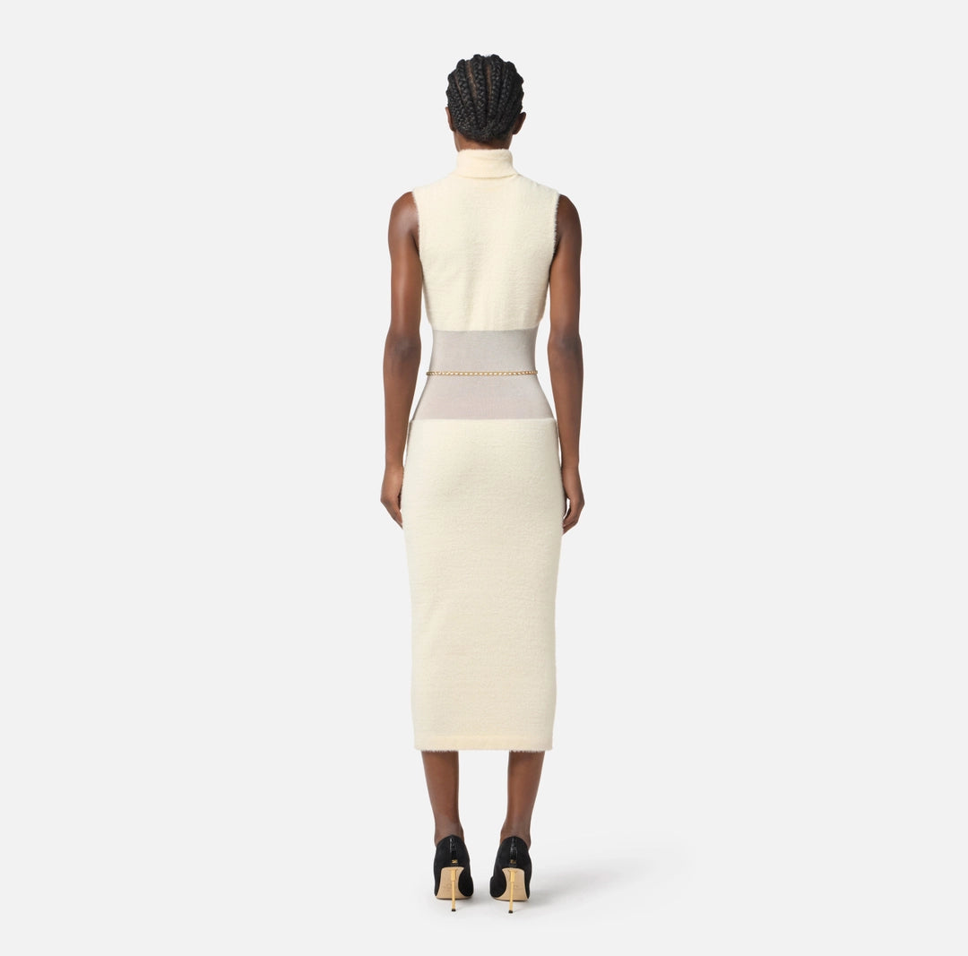 Knit fabric dress with belt