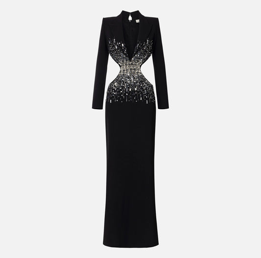 Red carpet dress in crêpe fabric with cut-out and embroidery