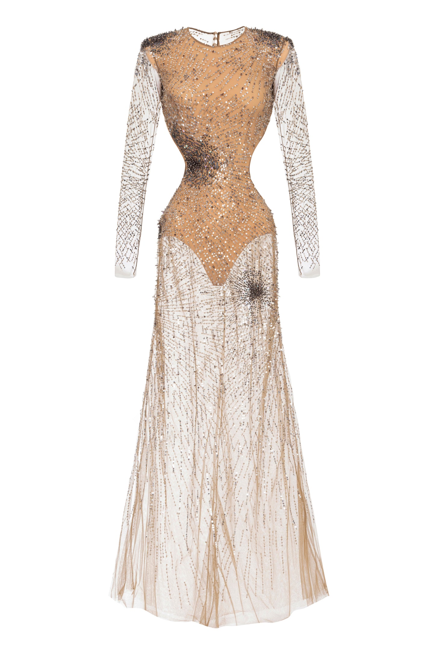 Stretch tulle red carpet dress embroidered with fireworks-effect sequins