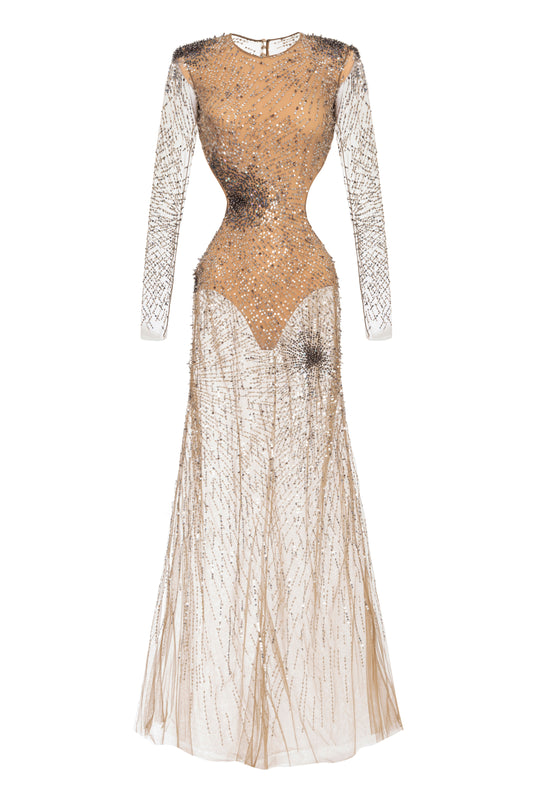 Stretch tulle red carpet dress embroidered with fireworks-effect sequins