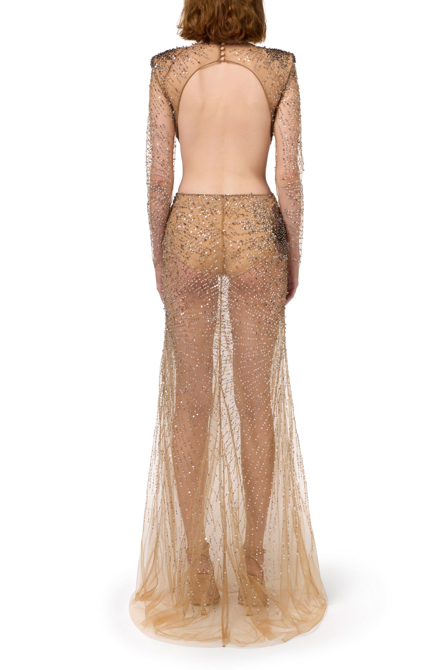 Stretch tulle red carpet dress embroidered with fireworks-effect sequins