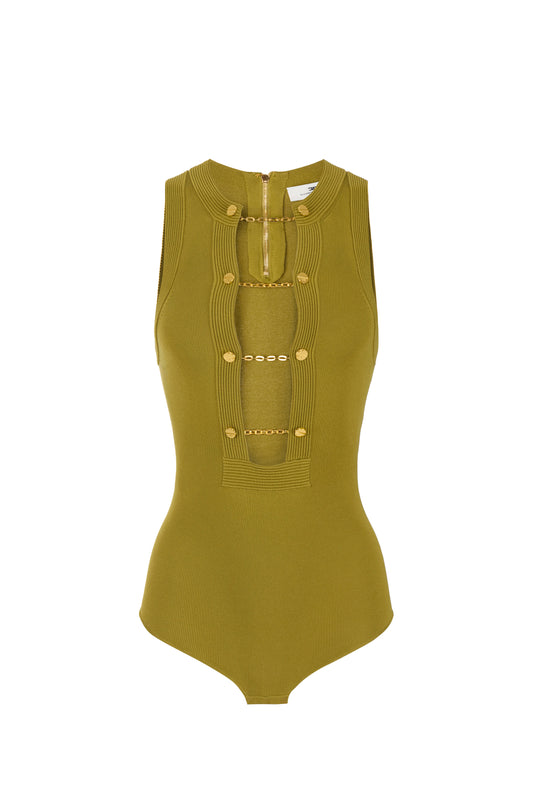 Viscose knit bodysuit with jewel cufflinks