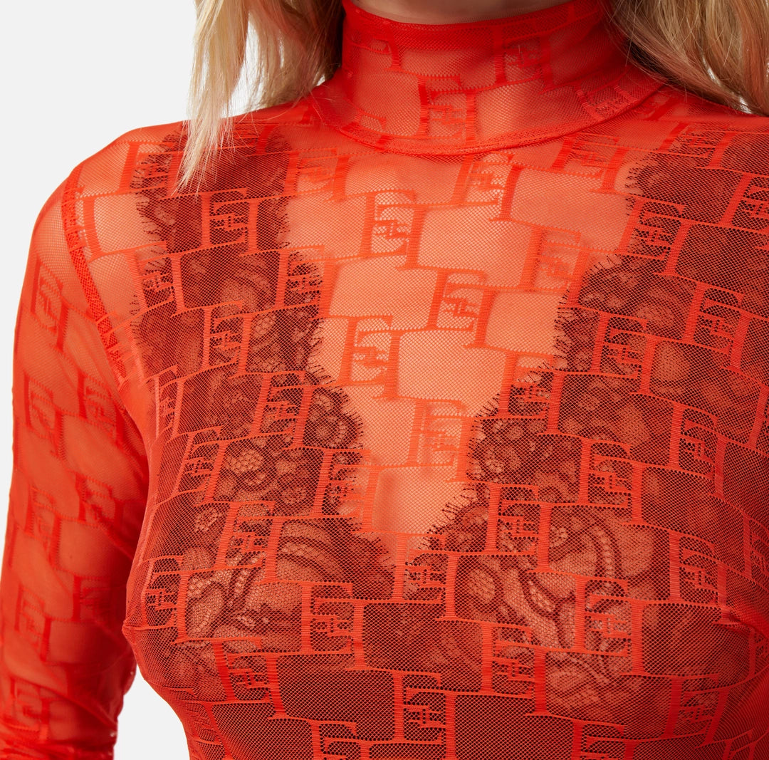 Long-sleeved bodysuit in tulle fabric with logo