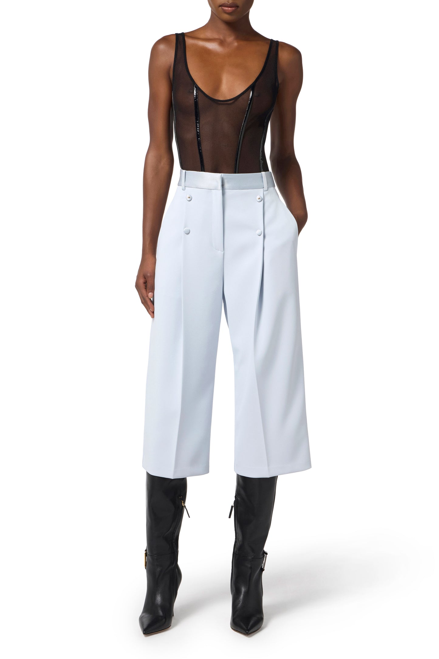Bodysuit in stretch tulle fabric with vinyl details