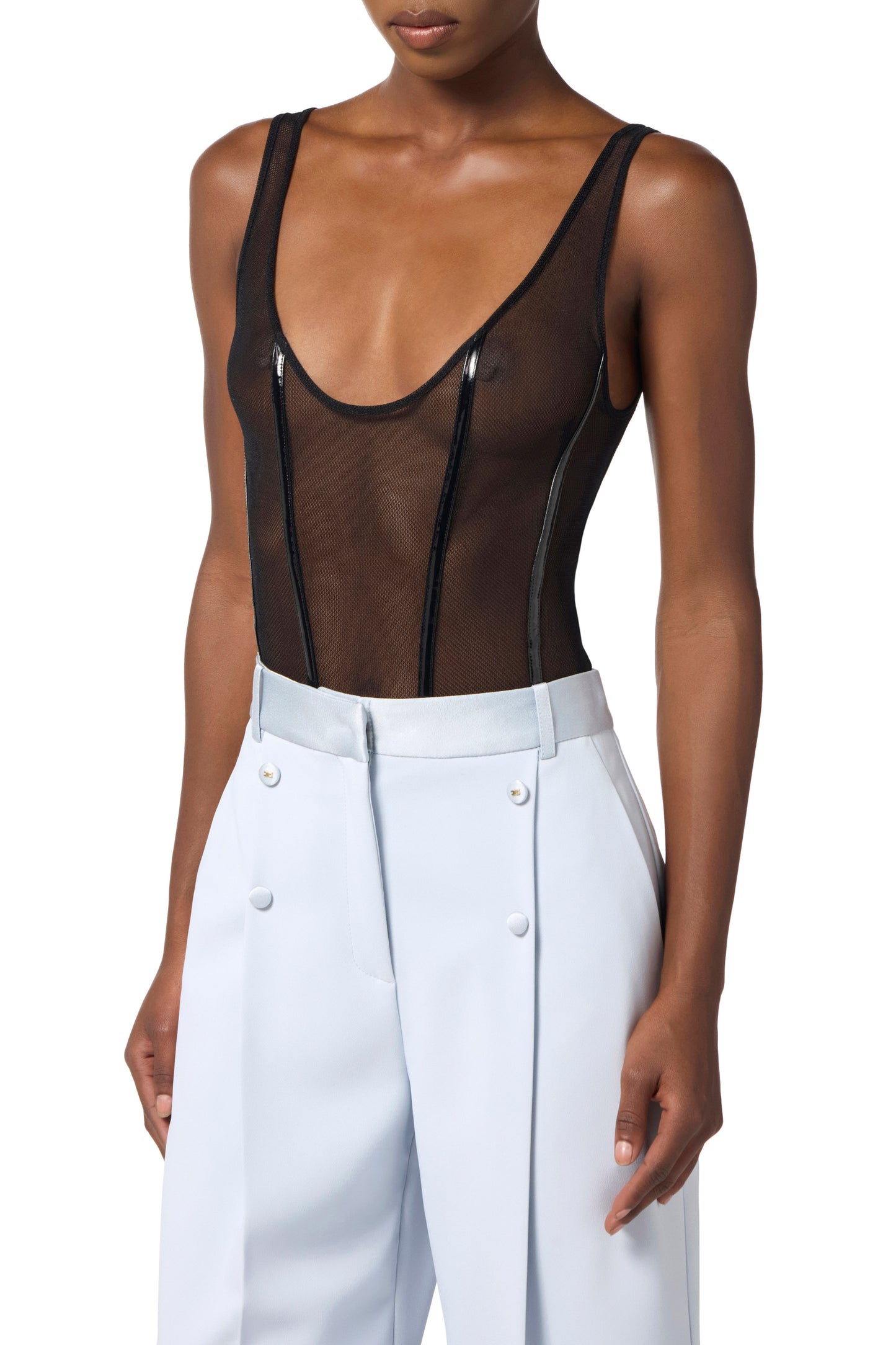 Bodysuit in stretch tulle fabric with vinyl details