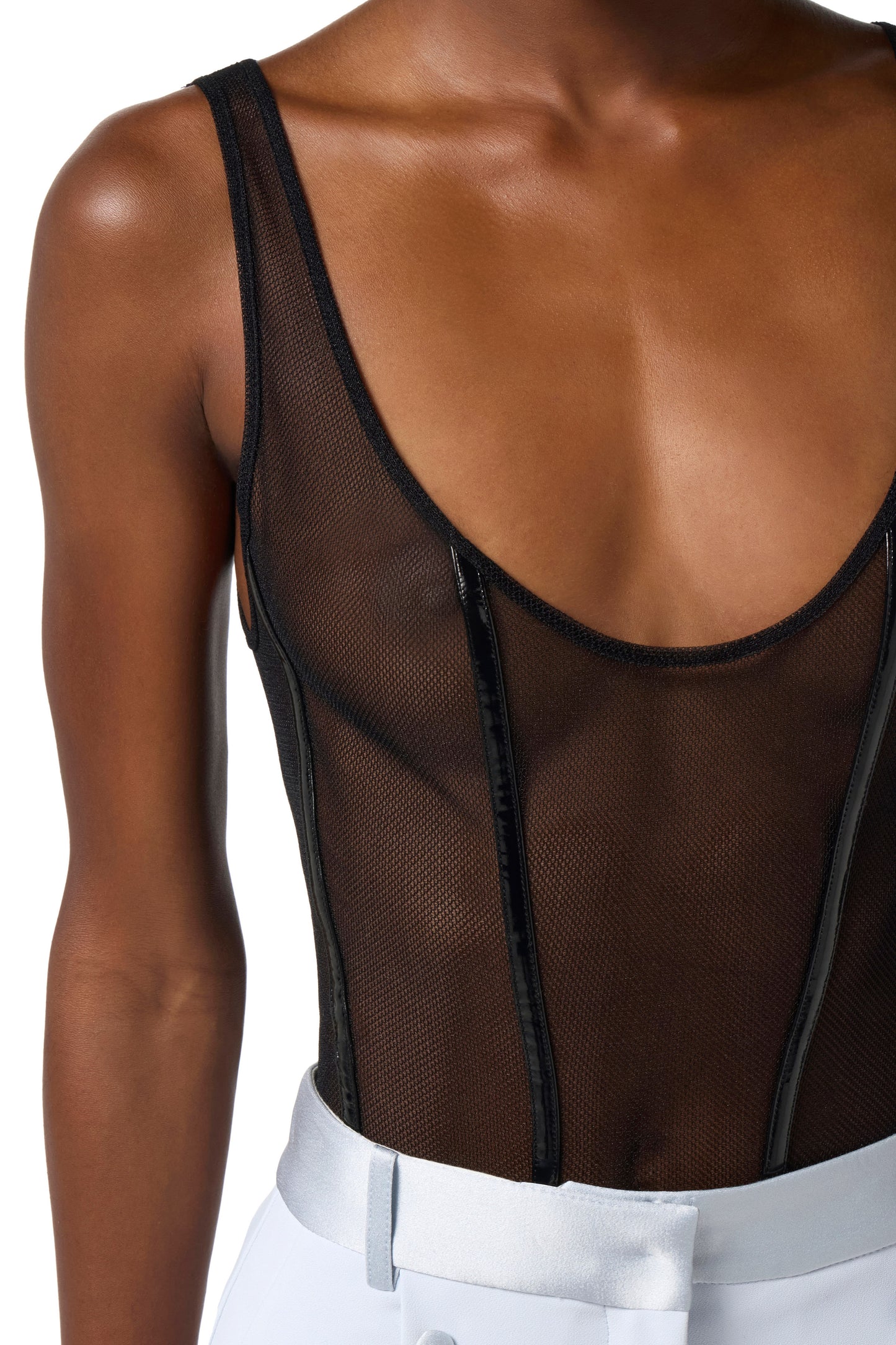 Bodysuit in stretch tulle fabric with vinyl details