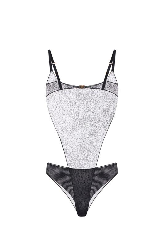 Bodysuit in jacquard tulle fabric with snake pattern