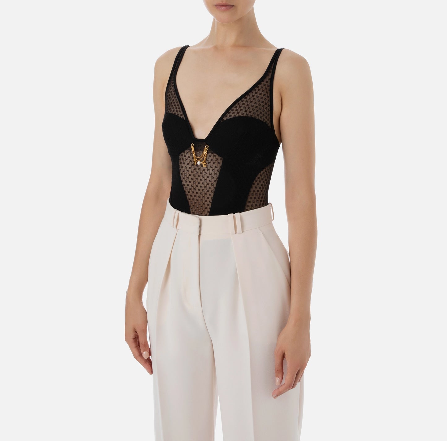 Bodysuit in tulle fabric with embroidery and narrow shoulder straps