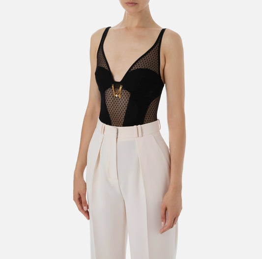 Bodysuit in tulle fabric with embroidery and narrow shoulder straps