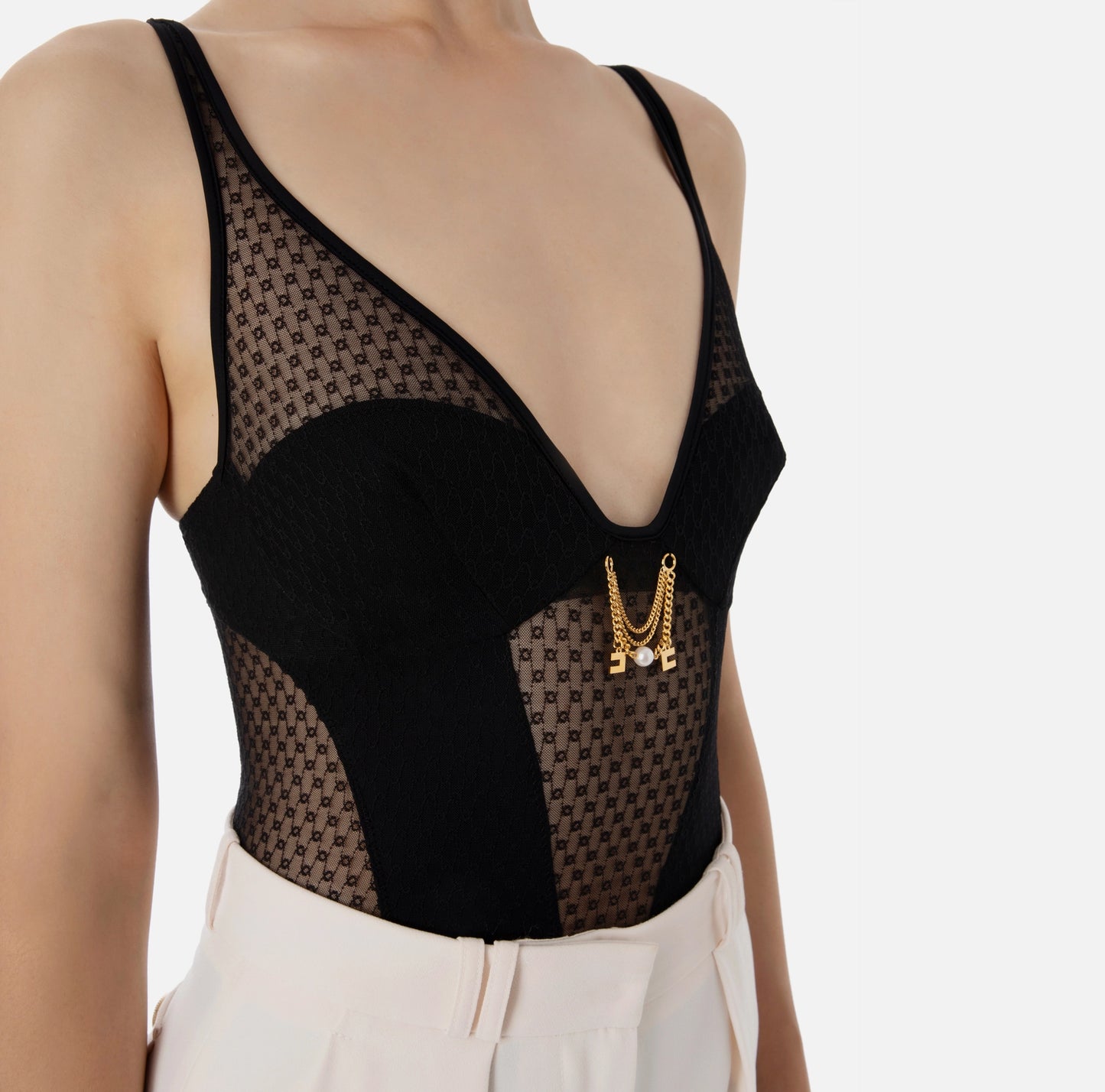 Bodysuit in tulle fabric with embroidery and narrow shoulder straps