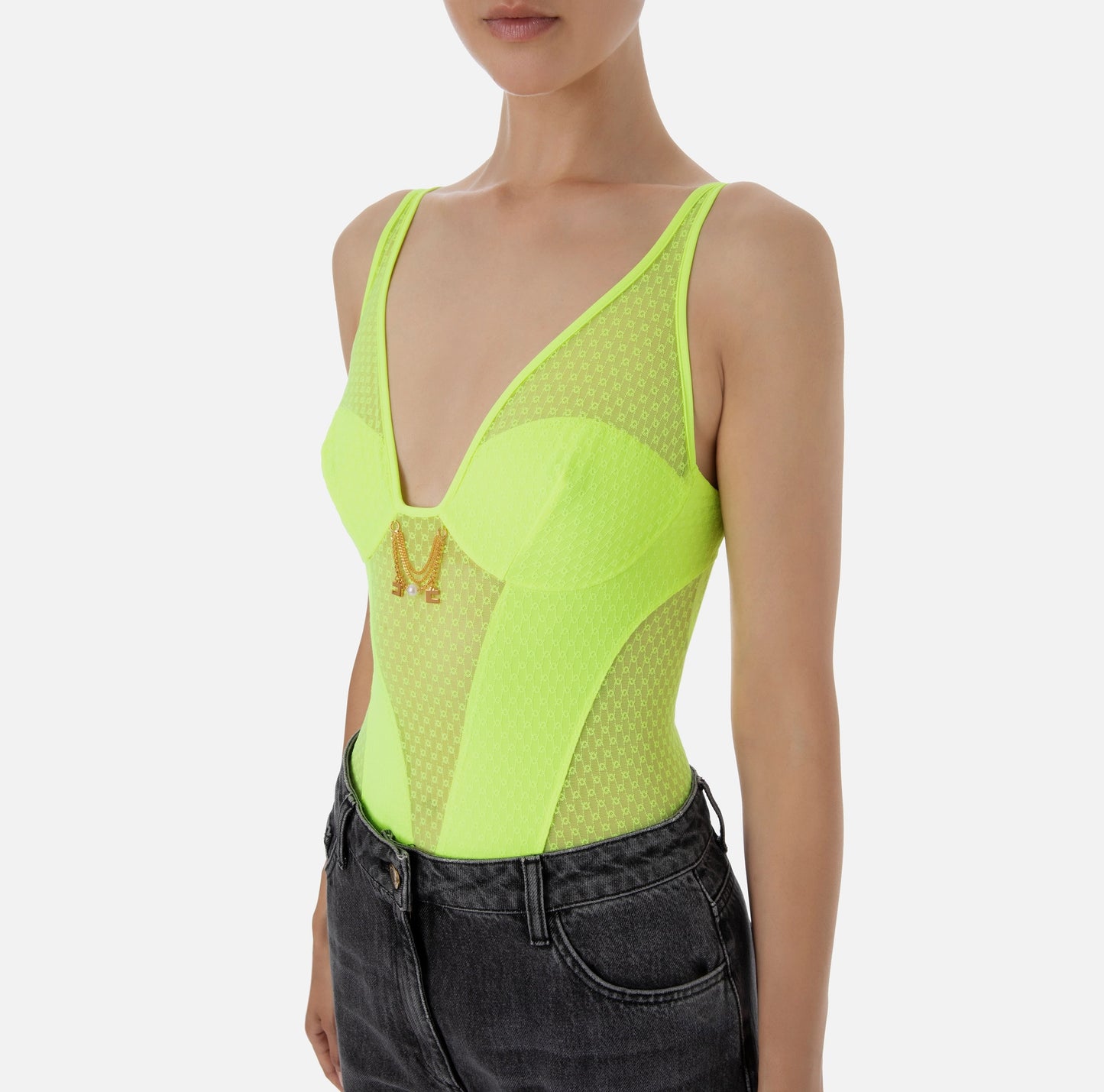 Bodysuit in tulle fabric with embroidery and narrow shoulder straps