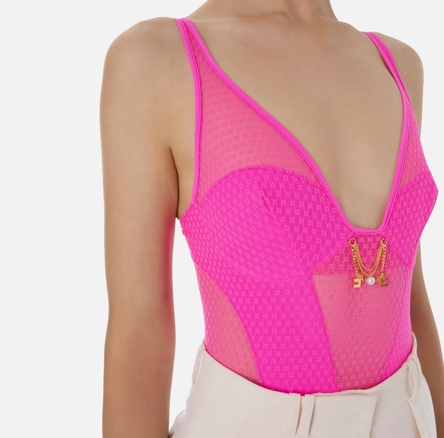 Bodysuit in tulle fabric with embroidery and narrow shoulder straps