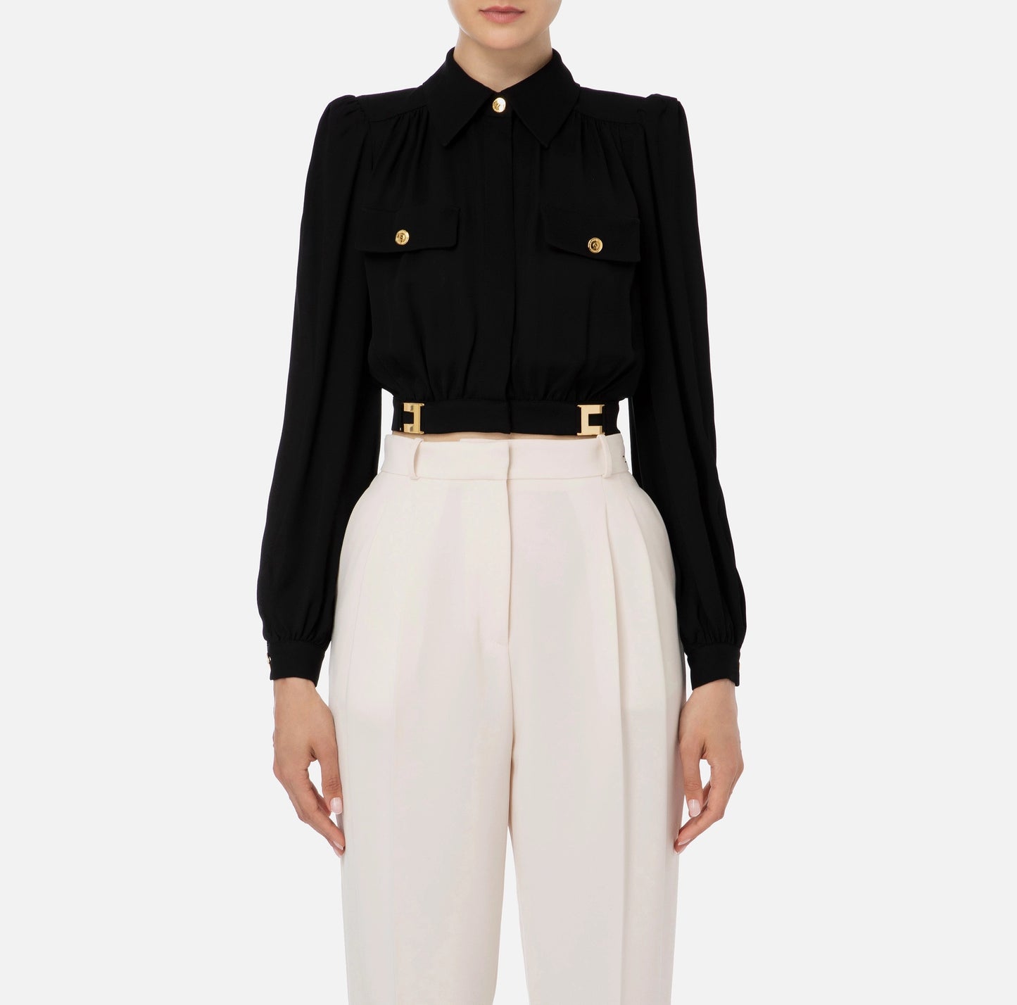 Crop blouse in viscose with logo plaques