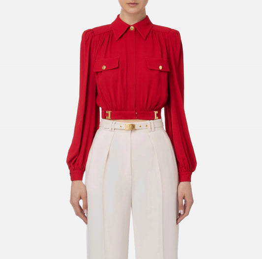 Crop blouse in viscose with logo plaques