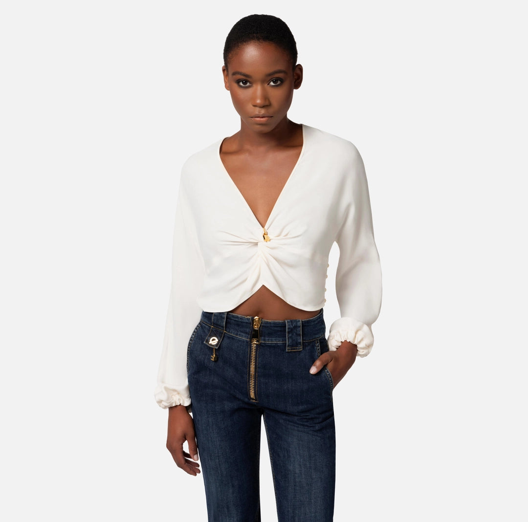 Cropped blouse in viscose georgette fabric with knot