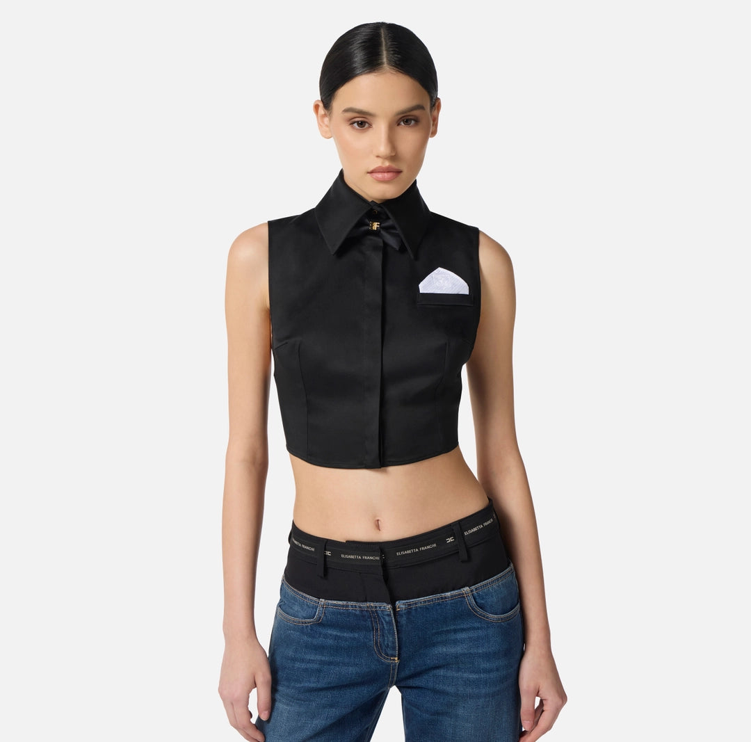 Cotton satin cropped shirt with bow tie