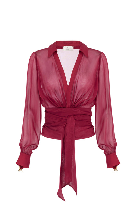 Blouse in voile fabric with sash